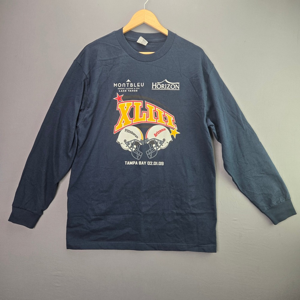 Alstyle Super Bowl XLIII T-Shirt L Navy Blue 2009 Steelers Cardinals Long Sleeve